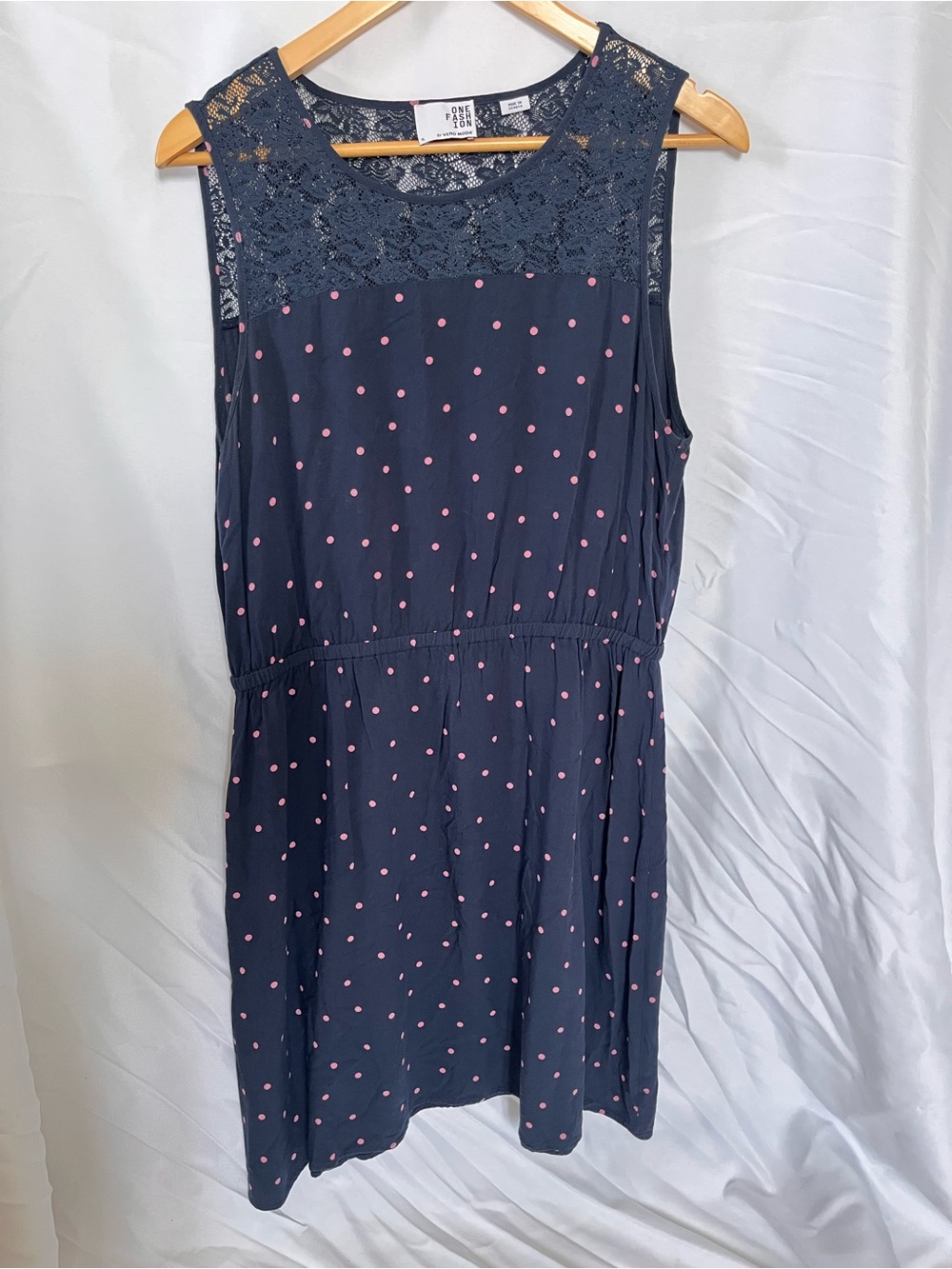 Vero Moda Navy Midi Dress with Pink Polka Dots & Lace Yoke